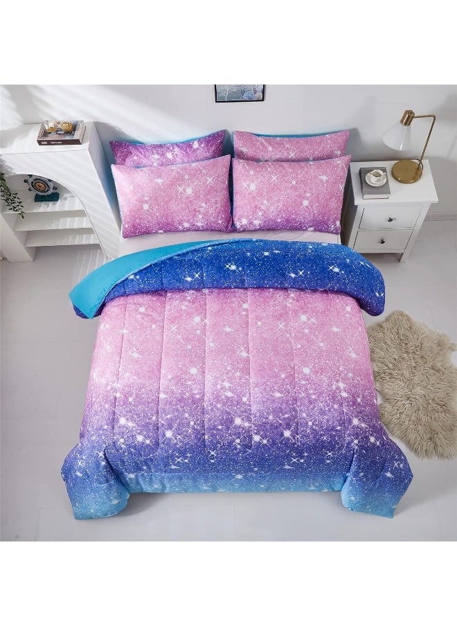 Generic kiddiku Purple Glitter Comforter Set Full/Queen Size for Girls, Sparkle Galaxy Twinkle for Kids Teen,3 Piece Blue Purple Pink Ombre Pastel Bedding Set 2 Pillow Cases(Purple,Queen),(3-Piece)  - Image 2