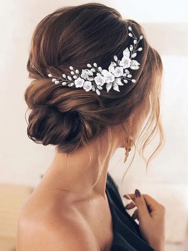 GORAIS Flower Bride Wedding Hair Vine Silver Crystal Bridal Hair Pieces Leaf Headband Hair Accessories for Women and Girls