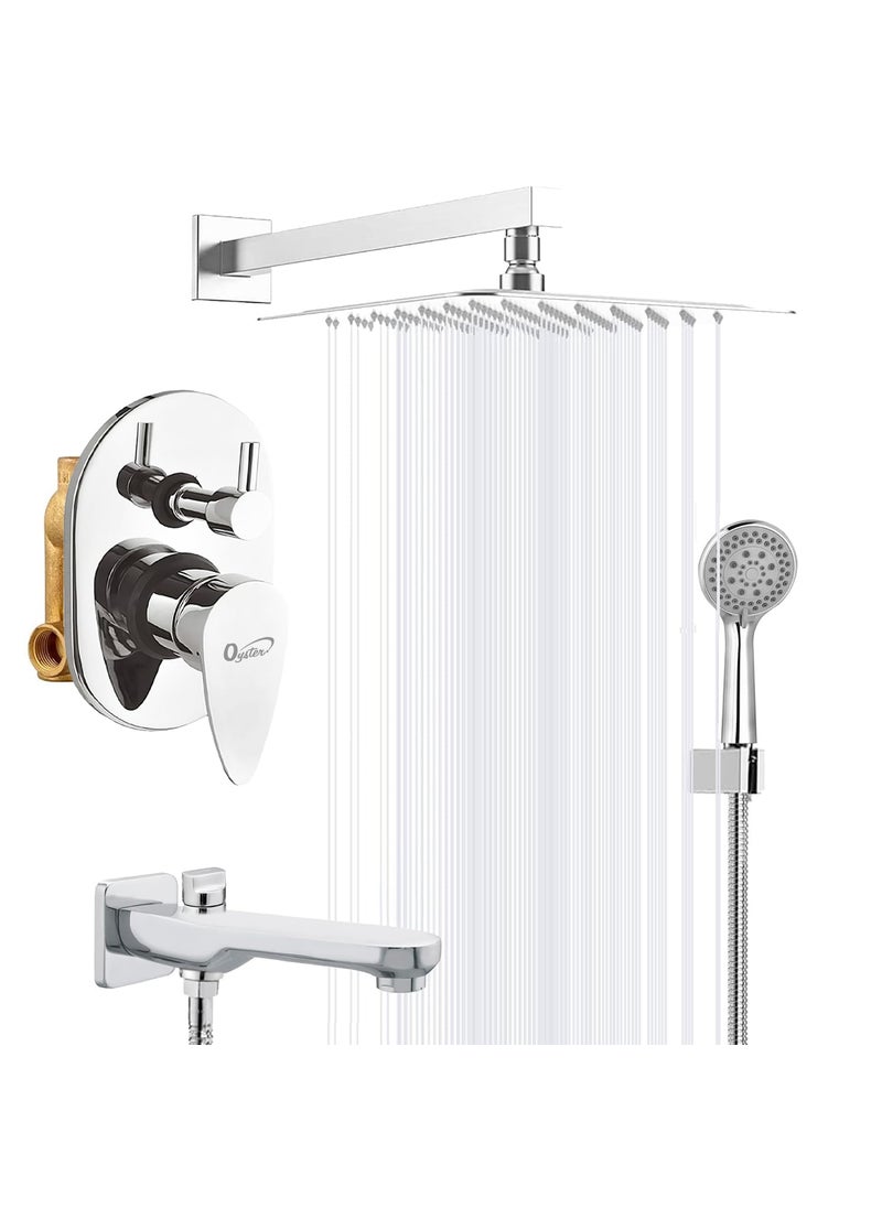T&FOYSTERGOLD Oyster Zura Brass Concealed Body Diverter Bath Set with Overhead Rainfall Shower for bathroom Multi flow Hand Shower Set and Bath Tub Spout Diverter Set For Bathroom  - Image 1