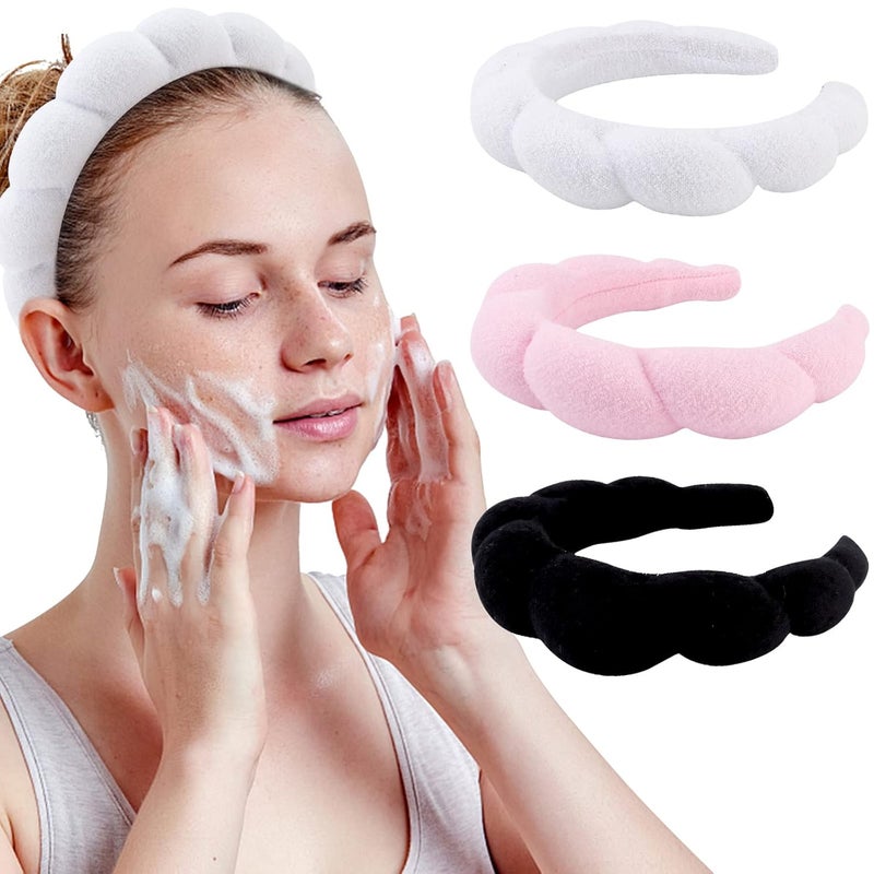 WHAVEL 3 Pack Spa Headband Skincare Headbands Makeup Headband Sponge Terry Cloth Headbands Face Wash Headband Puffy Hair Band for Washing Face Women Girls White Pink Black