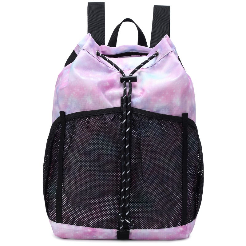Lohol Lightweight Drawstring Backpack with Mesh Pockets for Women Men, Water Resistant String Bag for Sports Beach Swimming Camp Travel (Pink Galaxy) - Image 1