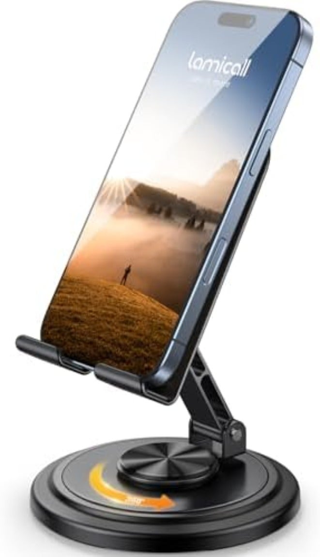 Lamicall Cell Phone Stand for Desk - [360° Rotation] Sturdy Adjustable Desktop Phone Holder, Foldable Mobile Stand, Office Gaming Desk Accessories Gifts for iPhone 17 16 15 Pro Max, Galaxy S26, Switch - Image 1