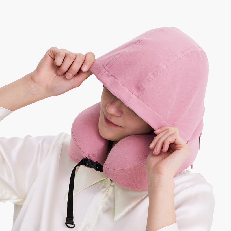 ALLINCOZY Privacy-Friendly Hooded Travel Pillow for Kids & Adults, Sensory-Friendly, Memory Foam Neck Support for Airplane, Car & Train, Breathable Fabric, Portable, Ultimate Comfort Pink - Image 1