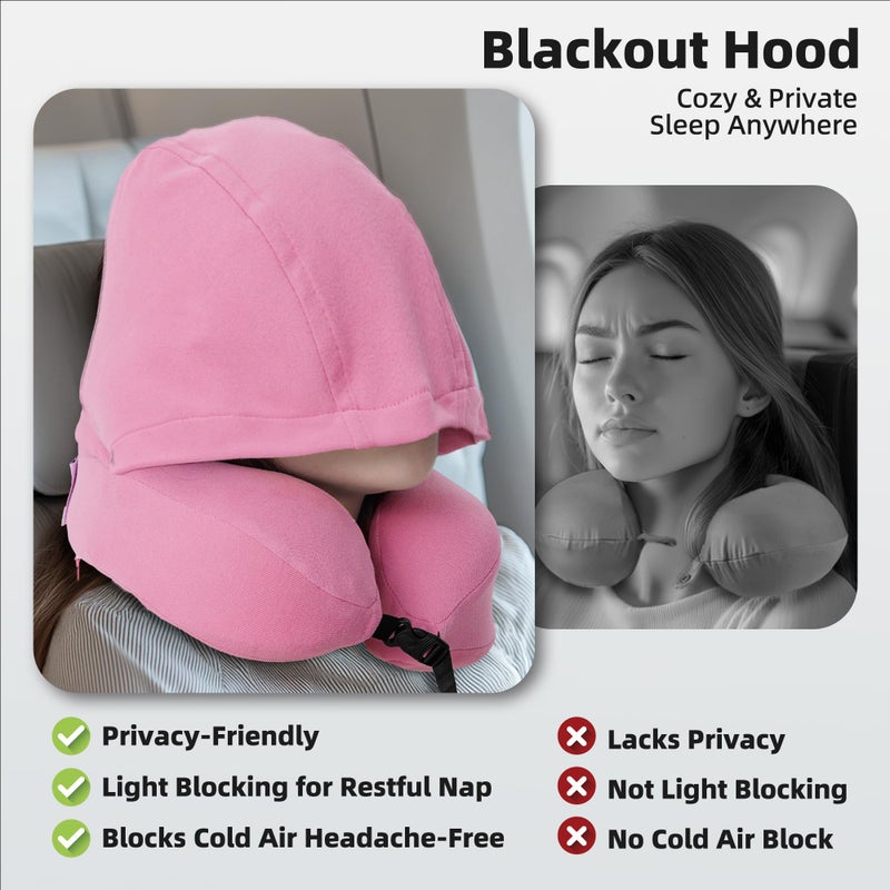 ALLINCOZY Privacy-Friendly Hooded Travel Pillow for Kids & Adults, Sensory-Friendly, Memory Foam Neck Support for Airplane, Car & Train, Breathable Fabric, Portable, Ultimate Comfort Pink - Image 2