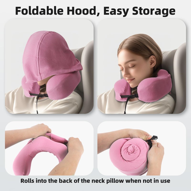 ALLINCOZY Privacy-Friendly Hooded Travel Pillow for Kids & Adults, Sensory-Friendly, Memory Foam Neck Support for Airplane, Car & Train, Breathable Fabric, Portable, Ultimate Comfort Pink - Image 3