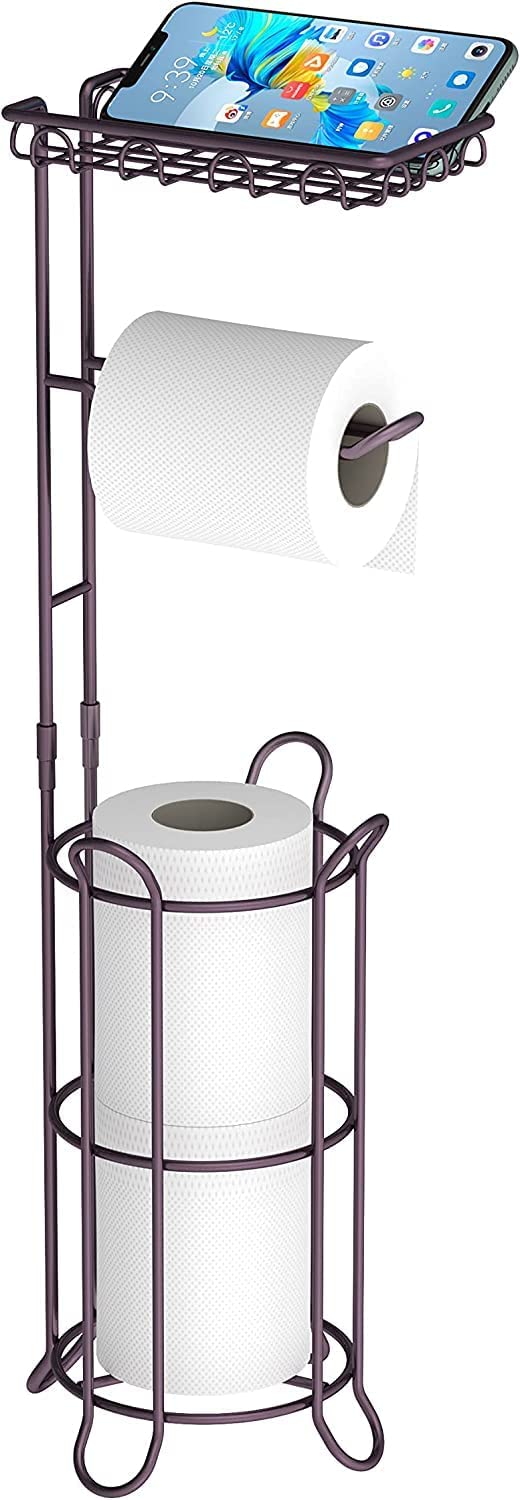 Indian Decor 22434 Toilet Paper Holder Stand with ReserveFree StandingToilet Tissue Paper Roll Storage Holder with Wipes and Cell Phone Shelf for Bathroom Toilet Black - Image 1