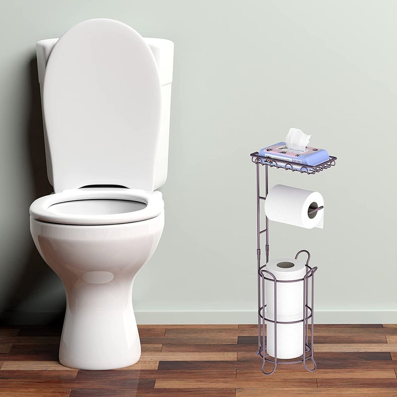 Indian Decor 22434 Toilet Paper Holder Stand with ReserveFree StandingToilet Tissue Paper Roll Storage Holder with Wipes and Cell Phone Shelf for Bathroom Toilet Black - Image 2