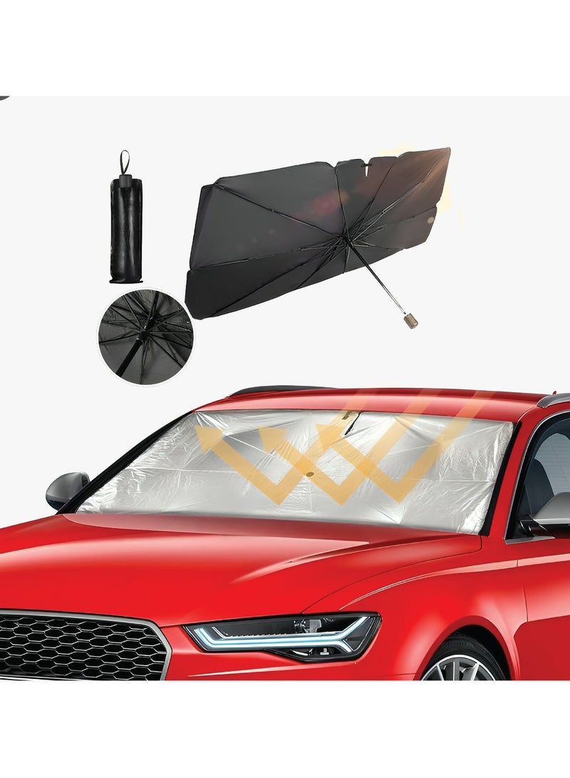 GREEN LION Car Windshield Sunshade Umbrella / Polyester + Silver Titanium / 140x79cm Wide Car Window Shade / Suitable for SUV / Commercial Vehicle / Car / with Leather Carrying Pouch / Light / Compact / Retractable / Durable / Thick / Protective / Sun Blocking / UV Protection / Structure support / Light Weight / Comfortable Handle / Easy to Use / Overheat Protection - Black - Image 5