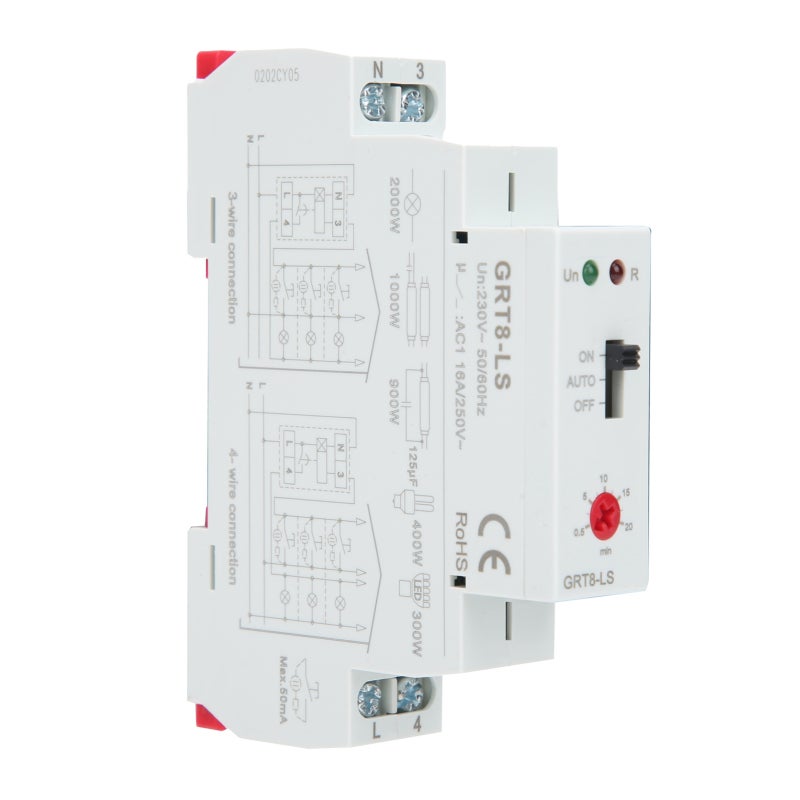 GEYA Time Relay AC 230V 0.5-20Min Delay Range ON AUTO OFF Modes - Ultra-Slim 18mm LED Indicator Rail Mount Staircase Control Switch for Neon Lamp Connection - Image 5