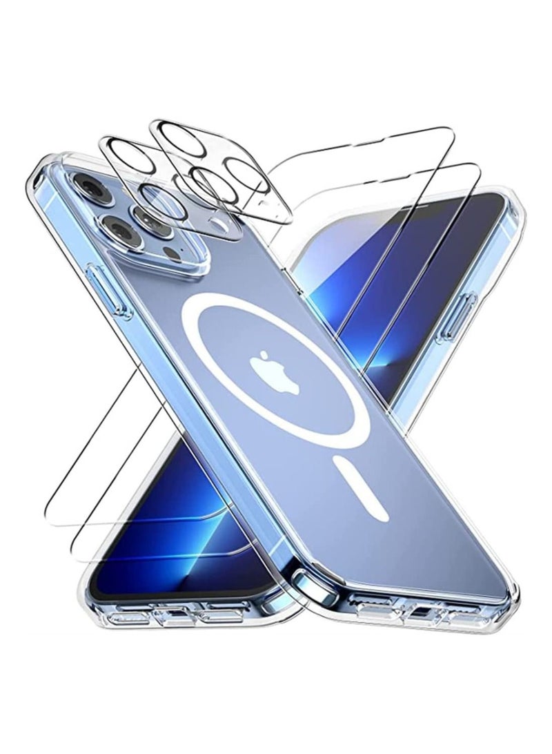 [1+2+2] Case for iPhone 14 Pro, with 2 Pcs Tempered Glass Screen Protector + 2 Pcs Camera Lens Protector, Clear Magnetic Phone Cover - Image 1