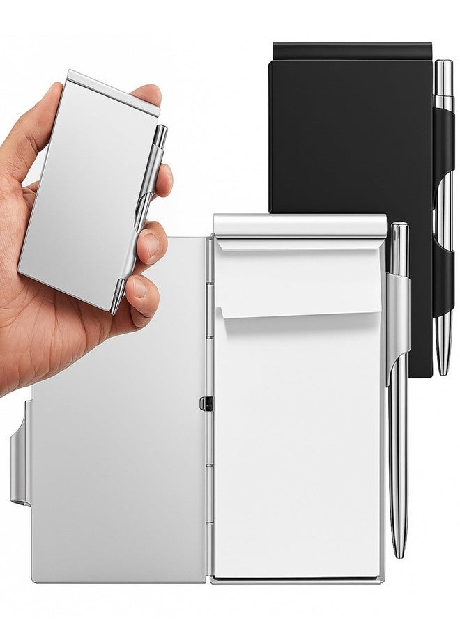 Tenare 2 Pieces Metal Pocket Notebook with Pen and Refillable Paper, Aluminum Flip Mini Notepad Holder, Small Journal with Pen Holder for Office Supplies Christmas gifts(Black, Silver) - Image 1