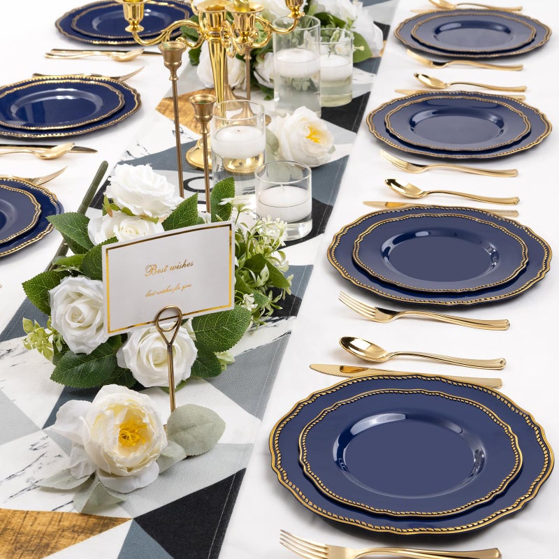Hioasis 60pcs Blue Plastic Plates - Blue and Gold Disposable Dinnerware with Gold Rim, Heavy-duty, 7.5 inch, Dessert Plates for Party & Christmas - Image 4