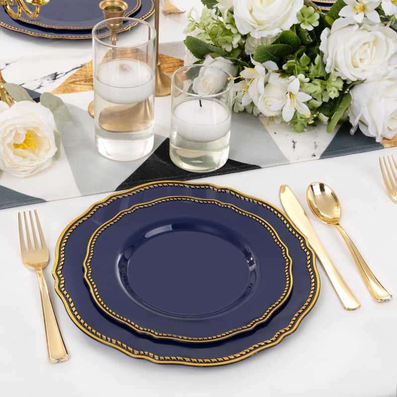 Hioasis 60pcs Blue Plastic Plates - Blue and Gold Disposable Dinnerware with Gold Rim, Heavy-duty, 7.5 inch, Dessert Plates for Party & Christmas - Image 3
