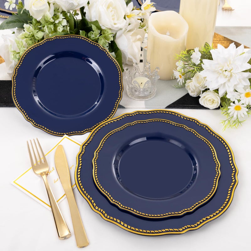 Hioasis 60pcs Blue Plastic Plates - Blue and Gold Disposable Dinnerware with Gold Rim, Heavy-duty, 7.5 inch, Dessert Plates for Party & Christmas - Image 2