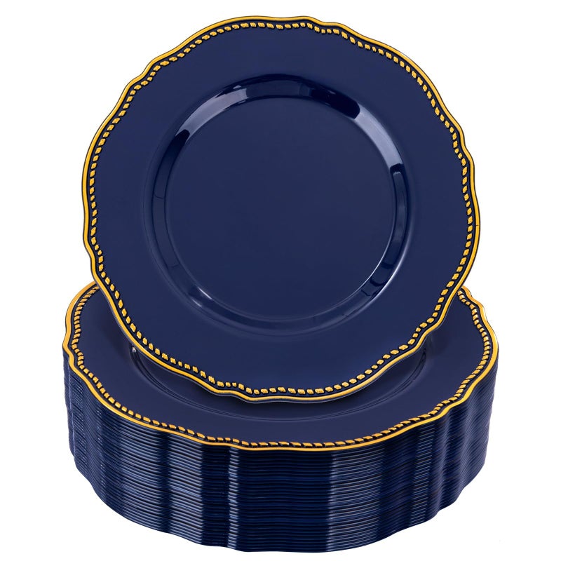 Hioasis 60pcs Blue Plastic Plates - Blue and Gold Disposable Dinnerware with Gold Rim, Heavy-duty, 7.5 inch, Dessert Plates for Party & Christmas - Image 1