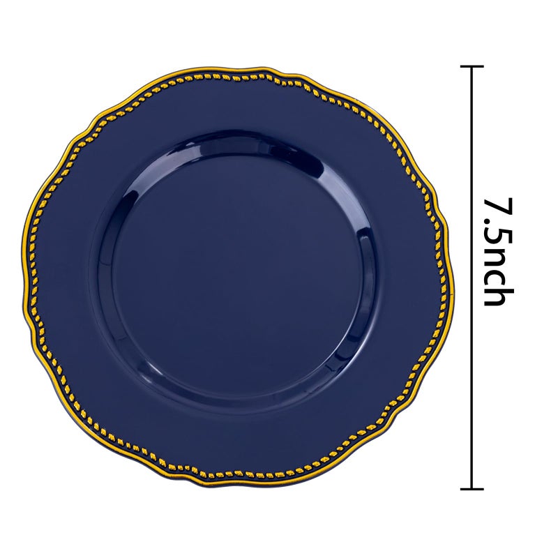 Hioasis 60pcs Blue Plastic Plates - Blue and Gold Disposable Dinnerware with Gold Rim, Heavy-duty, 7.5 inch, Dessert Plates for Party & Christmas - Image 5