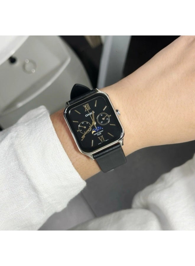 Casio MTP-M305L-1A2V Analog Moon Phase Watch Black Dial Leather Strap Stainless Steel Case 50M Water Resistant Quartz Multi Function Day Date Moonphase - Image 2