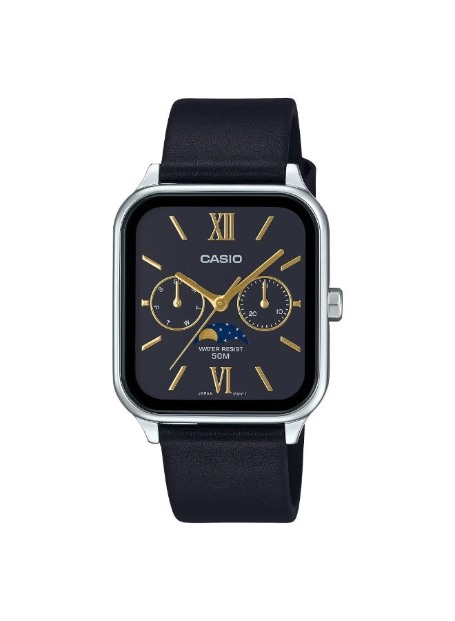 Casio MTP-M305L-1A2V Analog Moon Phase Watch Black Dial Leather Strap Stainless Steel Case 50M Water Resistant Quartz Multi Function Day Date Moonphase - Image 1