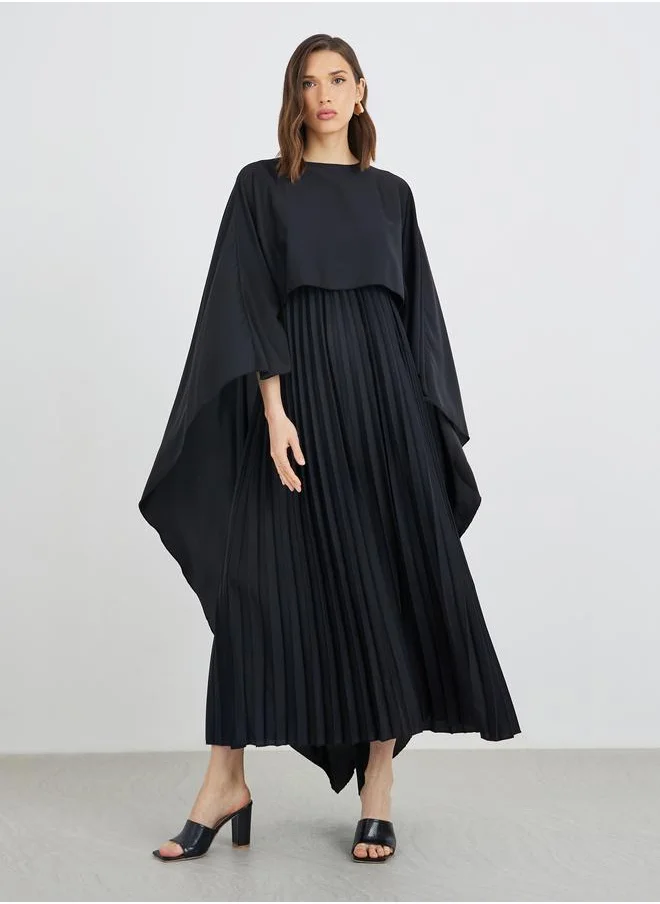 تايك تو Take Two Solid Cape Sleeve Pleated Detail Maxi Dress