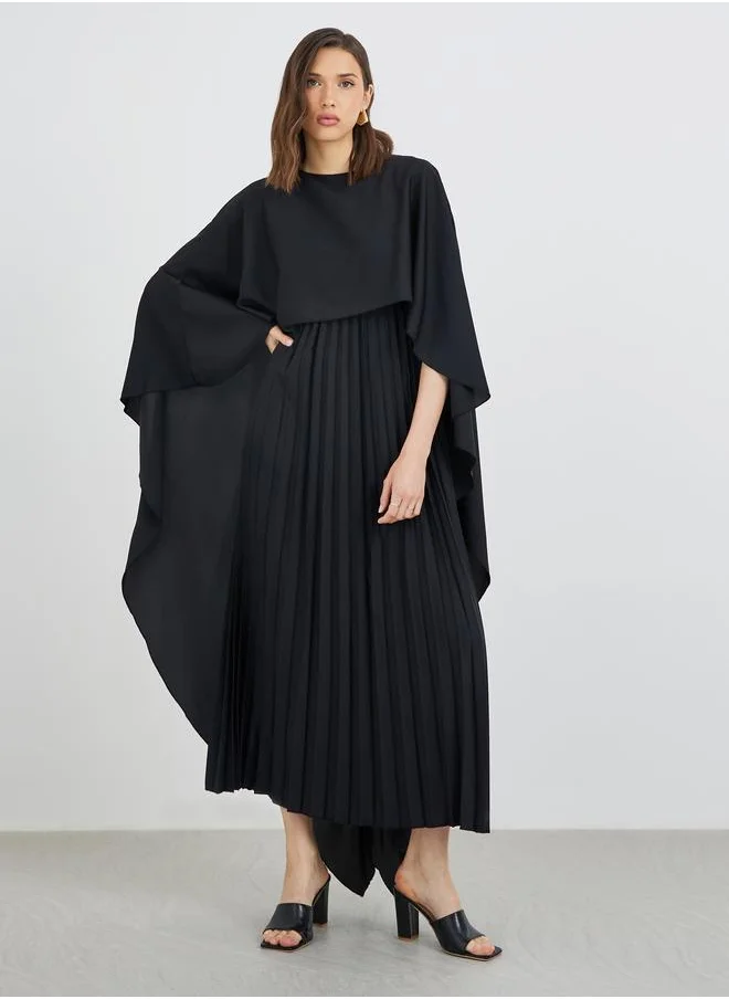 تايك تو Take Two Solid Cape Sleeve Pleated Detail Maxi Dress