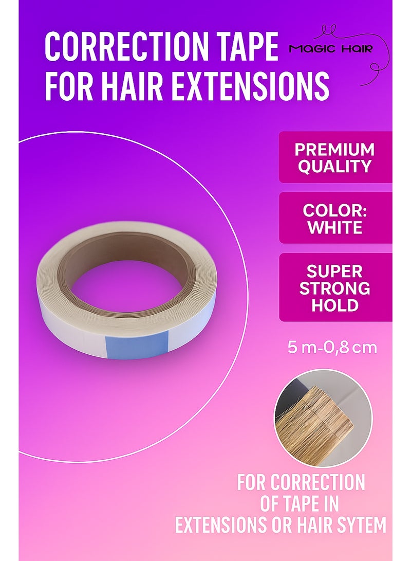 *شريط تصحيح MAGIC HAIR – شريط لاصق عالي الجودة لإعادة تركيب وصلات الشعر اللاصقة وأنظمة الشعر – تثبيت فائق القوة، لون أبيض، 5 متر × 0.8 سم – للاستخدام الاحترافي في الصالونات*