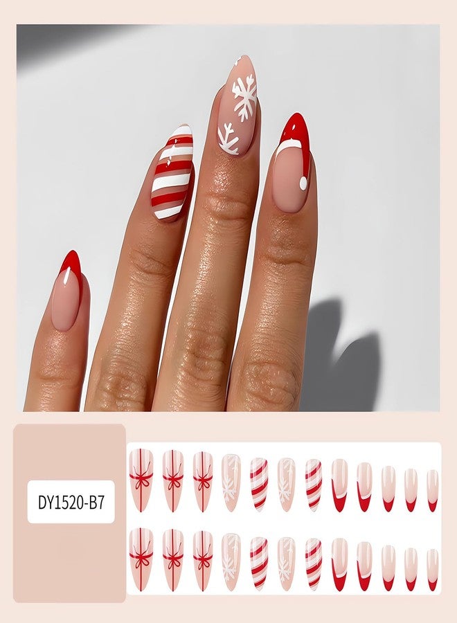 SINSEN Christmas Press on Nails Medium - Almond Fake Nails, Red French Tip False Nails With Designs, Full Cover Snowflake Glue on Nails for Women, 24Pcs (Santa Hat and Bowknot) - Image 2