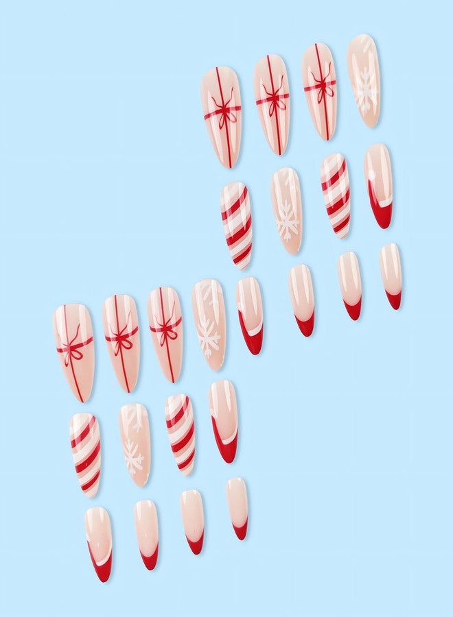 SINSEN Christmas Press on Nails Medium - Almond Fake Nails, Red French Tip False Nails With Designs, Full Cover Snowflake Glue on Nails for Women, 24Pcs (Santa Hat and Bowknot) - Image 4