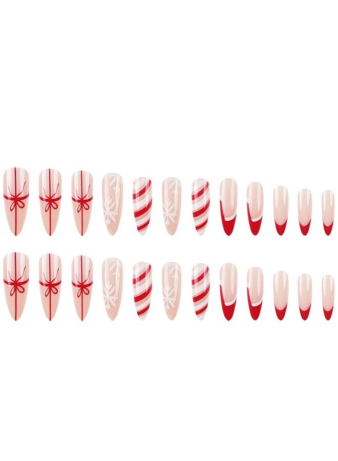 SINSEN Christmas Press on Nails Medium - Almond Fake Nails, Red French Tip False Nails With Designs, Full Cover Snowflake Glue on Nails for Women, 24Pcs (Santa Hat and Bowknot) - Image 5