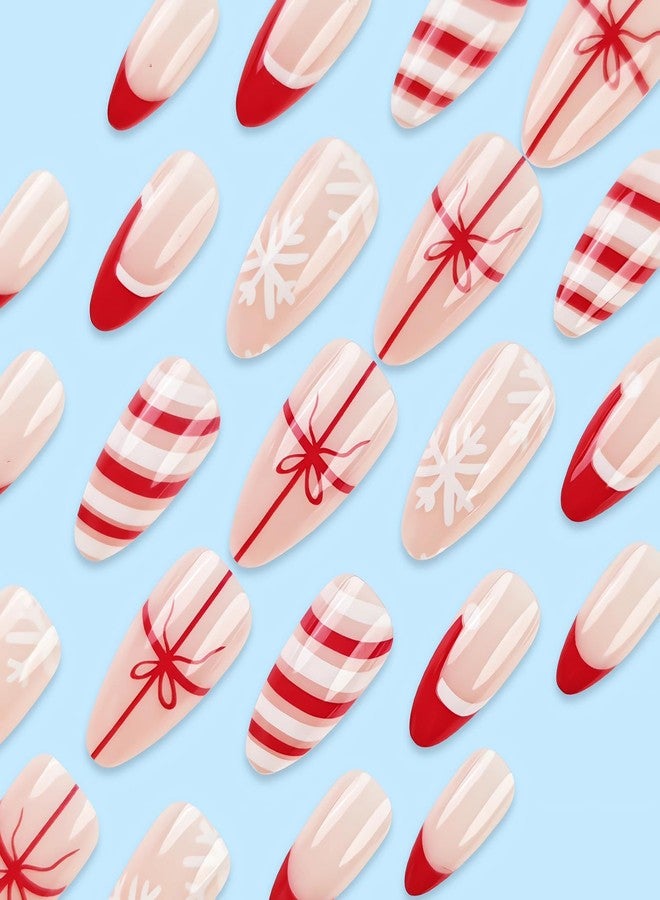 SINSEN Christmas Press on Nails Medium - Almond Fake Nails, Red French Tip False Nails With Designs, Full Cover Snowflake Glue on Nails for Women, 24Pcs (Santa Hat and Bowknot) - Image 3