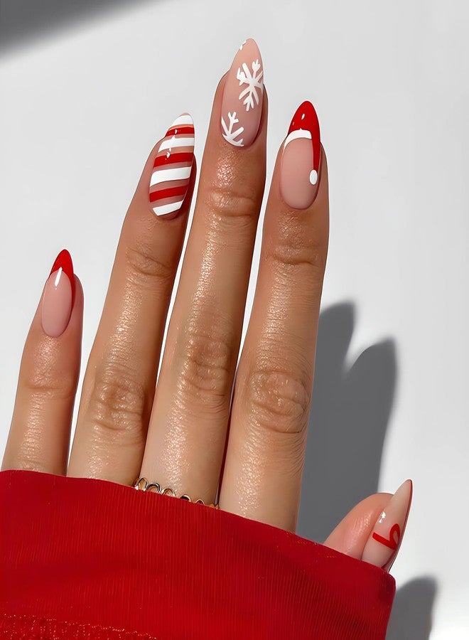 SINSEN Christmas Press on Nails Medium - Almond Fake Nails, Red French Tip False Nails With Designs, Full Cover Snowflake Glue on Nails for Women, 24Pcs (Santa Hat and Bowknot) - Image 1