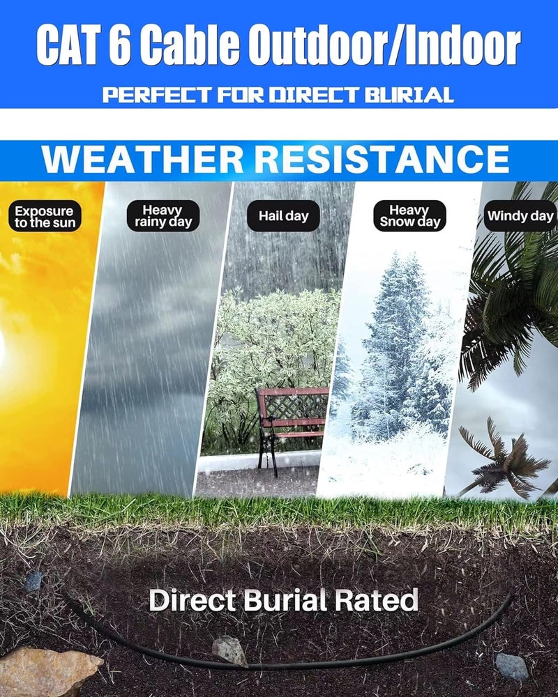 FEDUS كابل كات 6 خارجي ثقيل من FEDUS بطول 90 متر مقاوم للعوامل الجوية/مقاوم للأشعة فوق البنفسجية بسرعة 10000 ميجابت في الثانية مناسب للتثبيت المباشر في الأرض كابل LAN، كابل إنترنت، سلك شبكة أسود - Image 5