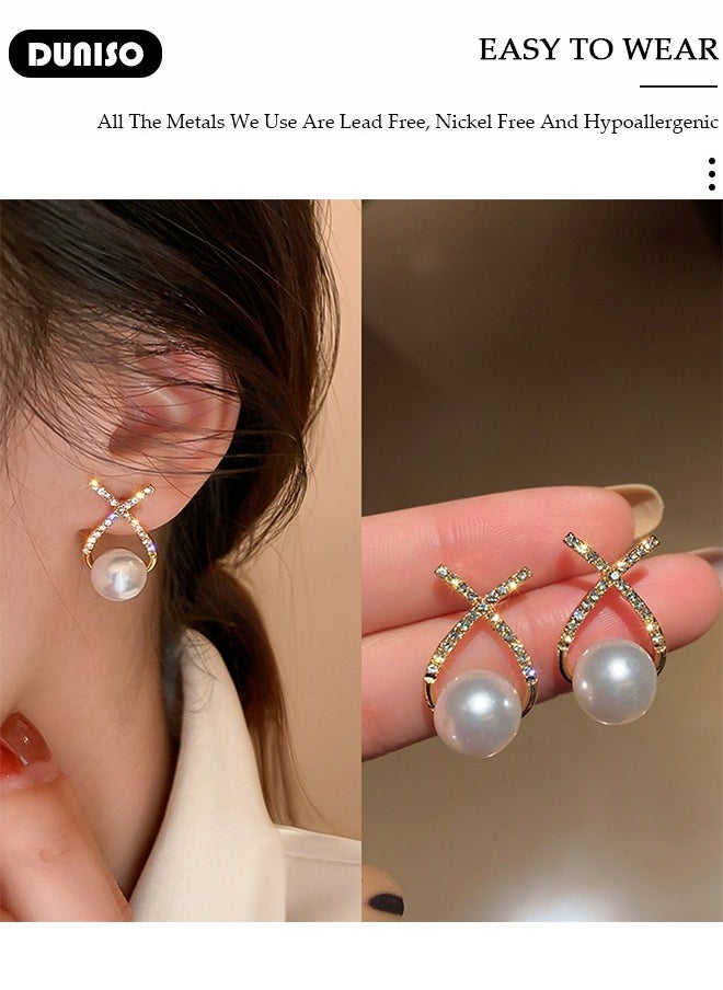 DUNISO Pearl Stud Earrings,Fashionable Lightweight Freshwate Pearl Earrings,Full of diamond pearl Earrings,Hypoallergenic Pearl Stud Earring for Women Girls  - Image 3