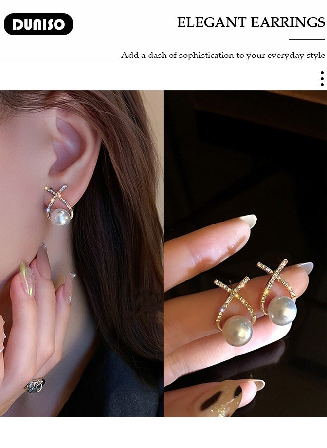 DUNISO Pearl Stud Earrings,Fashionable Lightweight Freshwate Pearl Earrings,Full of diamond pearl Earrings,Hypoallergenic Pearl Stud Earring for Women Girls  - Image 4