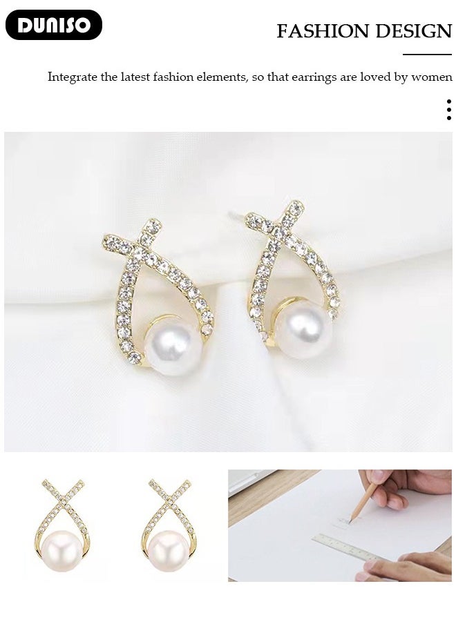 DUNISO Pearl Stud Earrings,Fashionable Lightweight Freshwate Pearl Earrings,Full of diamond pearl Earrings,Hypoallergenic Pearl Stud Earring for Women Girls  - Image 2