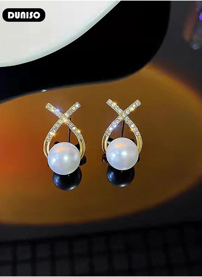 DUNISO Pearl Stud Earrings,Fashionable Lightweight Freshwate Pearl Earrings,Full of diamond pearl Earrings,Hypoallergenic Pearl Stud Earring for Women Girls  - Image 5