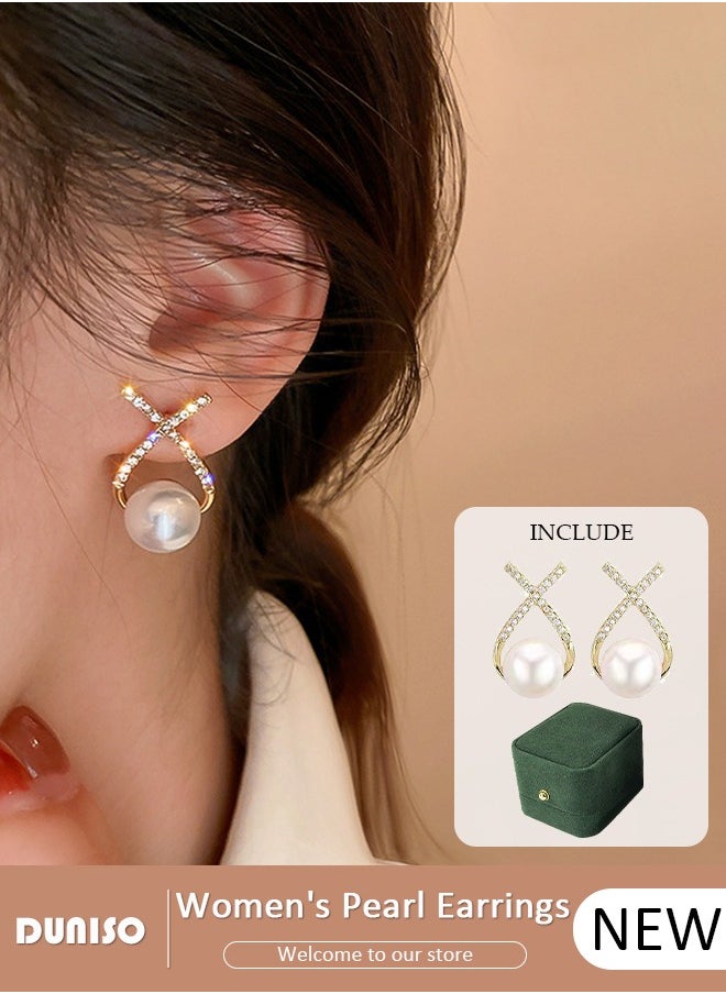 DUNISO Pearl Stud Earrings,Fashionable Lightweight Freshwate Pearl Earrings,Full of diamond pearl Earrings,Hypoallergenic Pearl Stud Earring for Women Girls  - Image 1