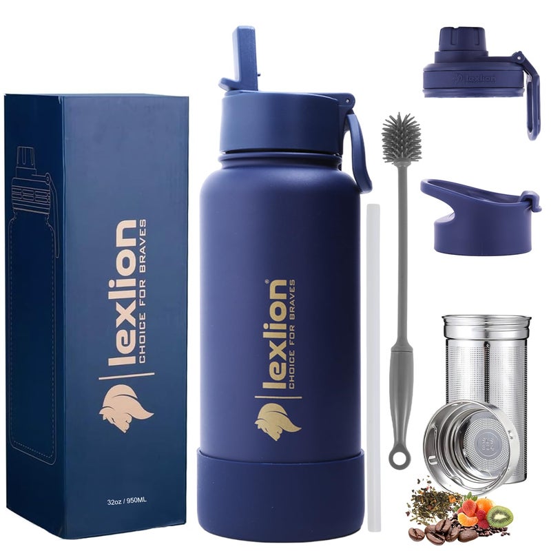 lexlion Lexlion Tea Infuser Bottle  Fruit Infuser Water Bottle 32 Oz Triple Walled Insulated Stainless Steel Bottle Thermal Leaf Infuser Silicone Sleeve 3 Lids Leakproof Metal Mug Gallon 