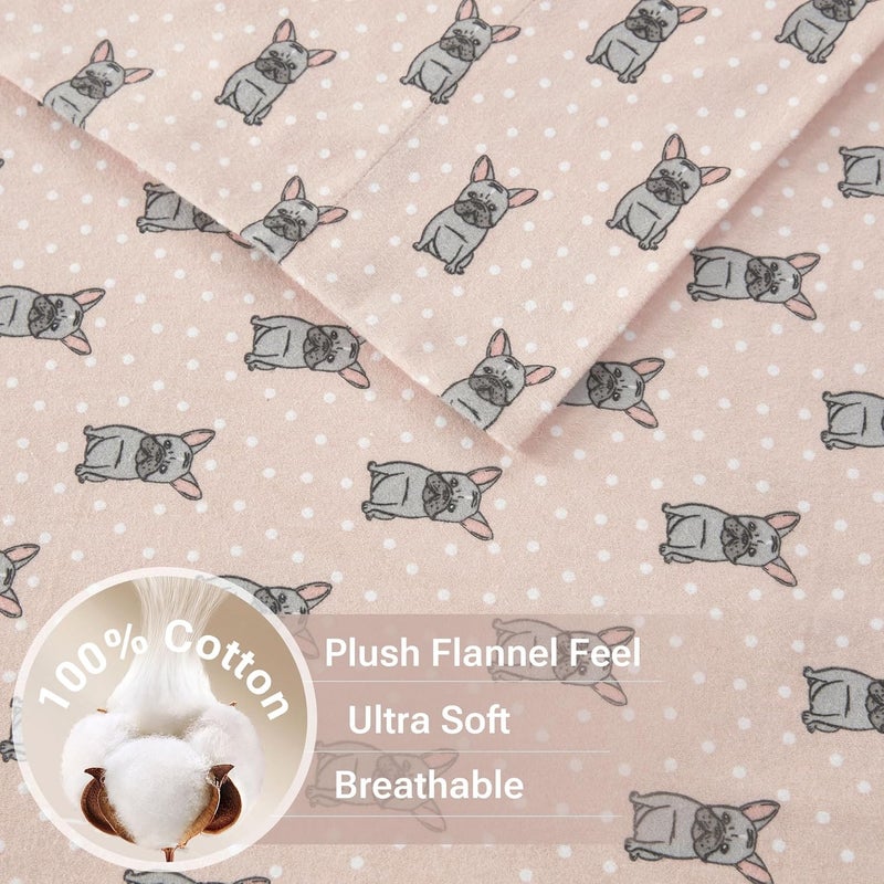 Sleep Philosophy True North by Sleep Philosophy Cozy Flannel Warm 100% Cotton Sheet - Novelty Print Animals Stars Cute Ultra Soft Cold Weather Bedding Set, Queen, Pink French Bulldog 4 Piece - Image 2