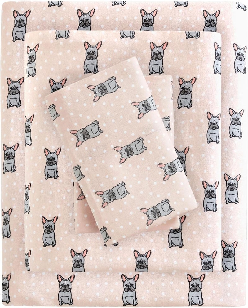 Sleep Philosophy True North by Sleep Philosophy Cozy Flannel Warm 100% Cotton Sheet - Novelty Print Animals Stars Cute Ultra Soft Cold Weather Bedding Set, Queen, Pink French Bulldog 4 Piece - Image 1