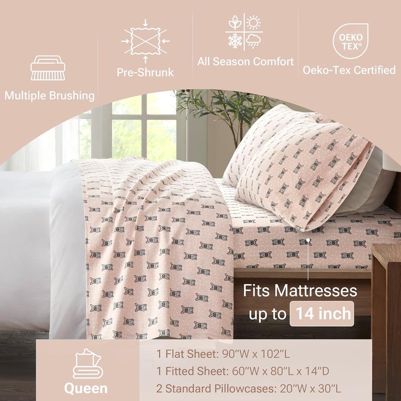 Sleep Philosophy True North by Sleep Philosophy Cozy Flannel Warm 100% Cotton Sheet - Novelty Print Animals Stars Cute Ultra Soft Cold Weather Bedding Set, Queen, Pink French Bulldog 4 Piece - Image 3