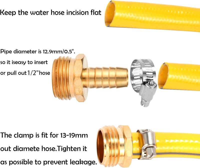 Sanpaint Brass Garden Hose Connector Repair Mender Kit with Stainless Clamp,Fits 1/2" Water Hose Fitting,4 Sets(1/2" Barb x 3/4" GHT) - Image 3