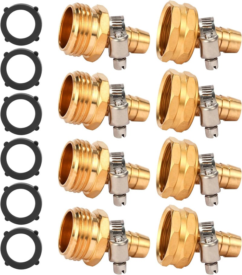 Sanpaint Brass Garden Hose Connector Repair Mender Kit with Stainless Clamp,Fits 1/2" Water Hose Fitting,4 Sets(1/2" Barb x 3/4" GHT) - Image 1