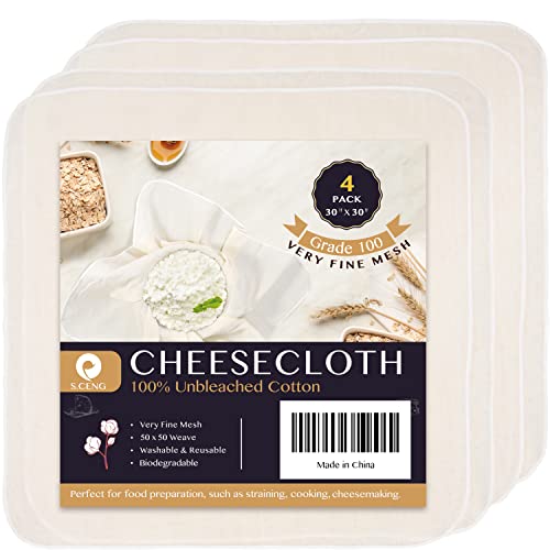 Precut Cheesecloth 30 x 30 4 Pack Grade 100 Ultra Fine for Straining  Cooking 100 Unbleached Cotton Cheese Cloth for Making Cheese