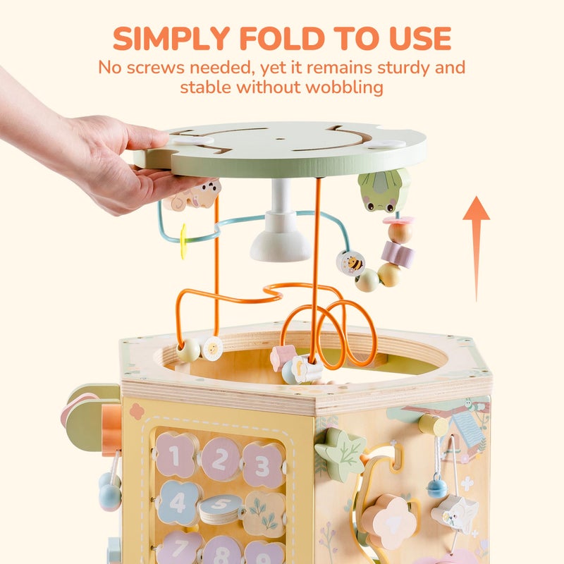 ROBUD Wooden Activity Cube, Montessori Toys for 1+ Year Old, Educational Toy with 13 Functional Areas, Fountain Garden Theme for Baby Boys & Girls - Image 5