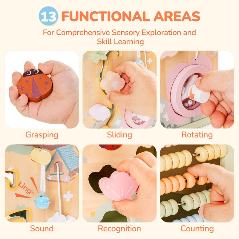 ROBUD Wooden Activity Cube, Montessori Toys for 1+ Year Old, Educational Toy with 13 Functional Areas, Fountain Garden Theme for Baby Boys & Girls - Image 4