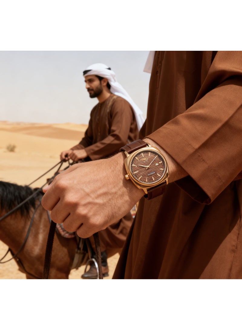 tr أمطار في الوقت المناسب ساعة يد كلاسيكية للرجال كوارتز بعلبة بنية وسوار سيليكون بني مع قرص بني - Image 5