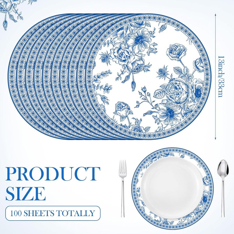 Moinchore 100 Pack Blue Floral Paper Placemats 13 Inch Chinoiserie Disposable Table Mats Round Paper Place Mats Dinnerware for Baby Shower Bridal Birthday Kitchen Wedding Party Supplies - Image 3