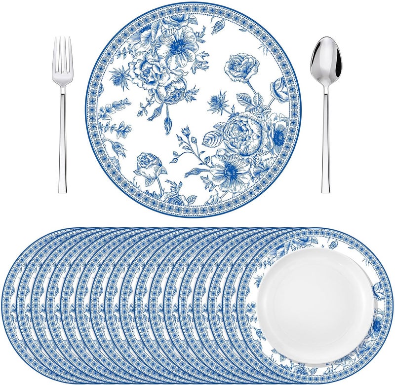 Moinchore 100 Pack Blue Floral Paper Placemats 13 Inch Chinoiserie Disposable Table Mats Round Paper Place Mats Dinnerware for Baby Shower Bridal Birthday Kitchen Wedding Party Supplies - Image 1