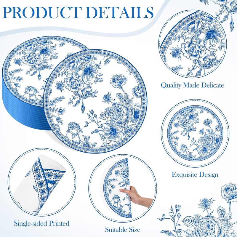 Moinchore 100 Pack Blue Floral Paper Placemats 13 Inch Chinoiserie Disposable Table Mats Round Paper Place Mats Dinnerware for Baby Shower Bridal Birthday Kitchen Wedding Party Supplies - Image 2