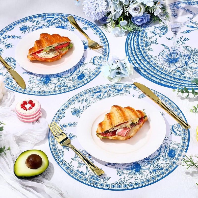 Moinchore 100 Pack Blue Floral Paper Placemats 13 Inch Chinoiserie Disposable Table Mats Round Paper Place Mats Dinnerware for Baby Shower Bridal Birthday Kitchen Wedding Party Supplies - Image 4